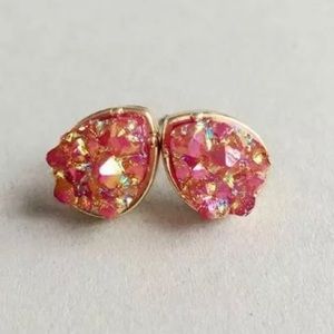 Pink & Gold Geode Teardrop Stud Earrings